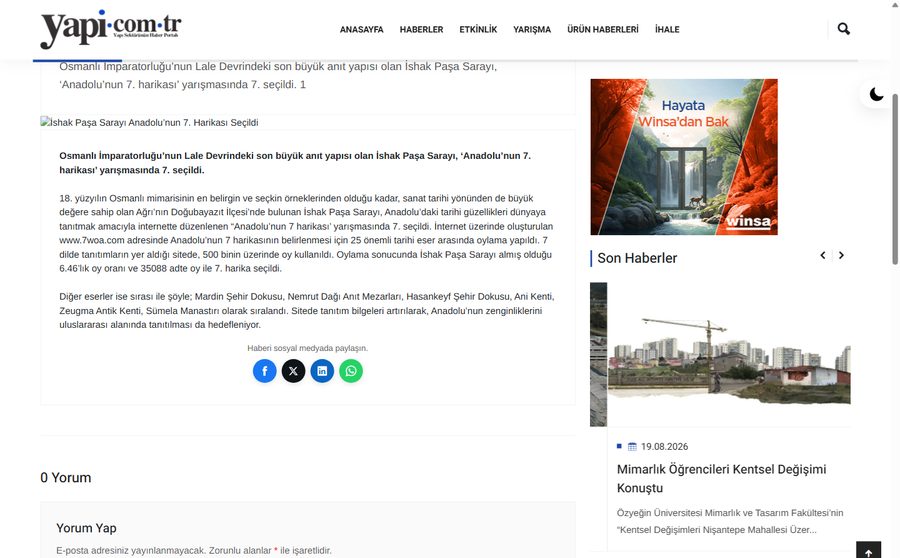 Yapı.com.tr'nin İshak Paşa Sarayı'nın yedinci seçildiğini duyurduğu haber sayfası